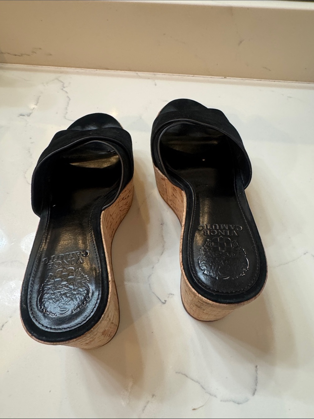 Vince Camuto Black Suede Crisscross Cork Wedge Sandals - Picture 3 of 4
